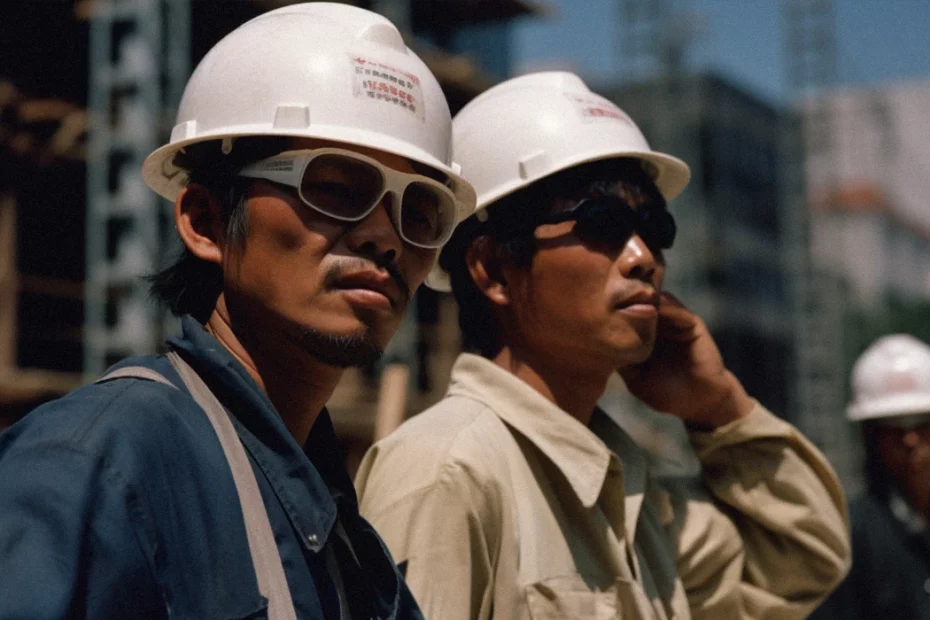 Two Japanese workers in a heatwave.