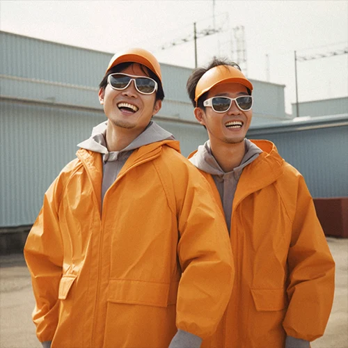 Two people wearing cold jackets in the hot sun.